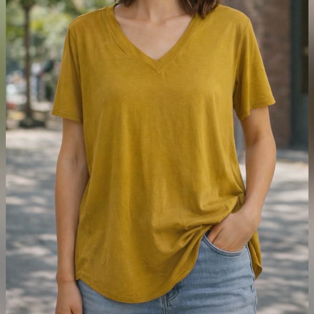 ZENANA Mustard Color Hi Low V Neck Short Sleeve Top Sizes S-M-L-XL NWT